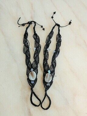 Handmade Macramé Barefoot Sandals – Banded Agate Cabochon, Black Micro-Macramé